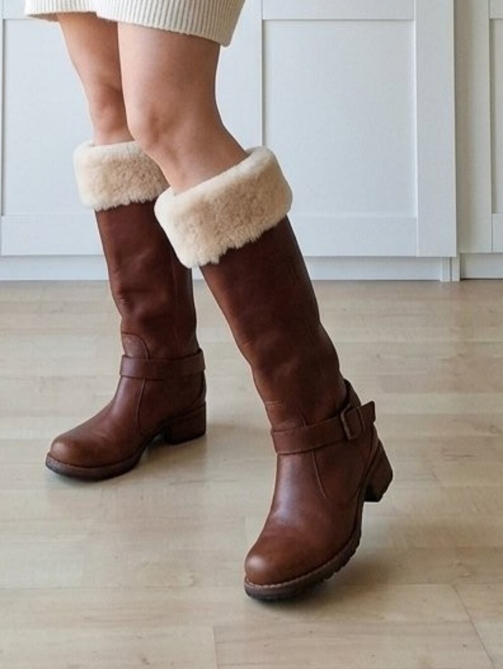 UGG Women's Brown Leather Shearling-Trim Riding Boots